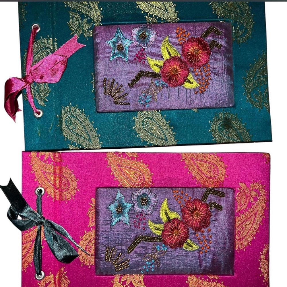 Lot of 2 Embroidered Floral Silk Sari Beaded Journal - Teal & Fuchsia